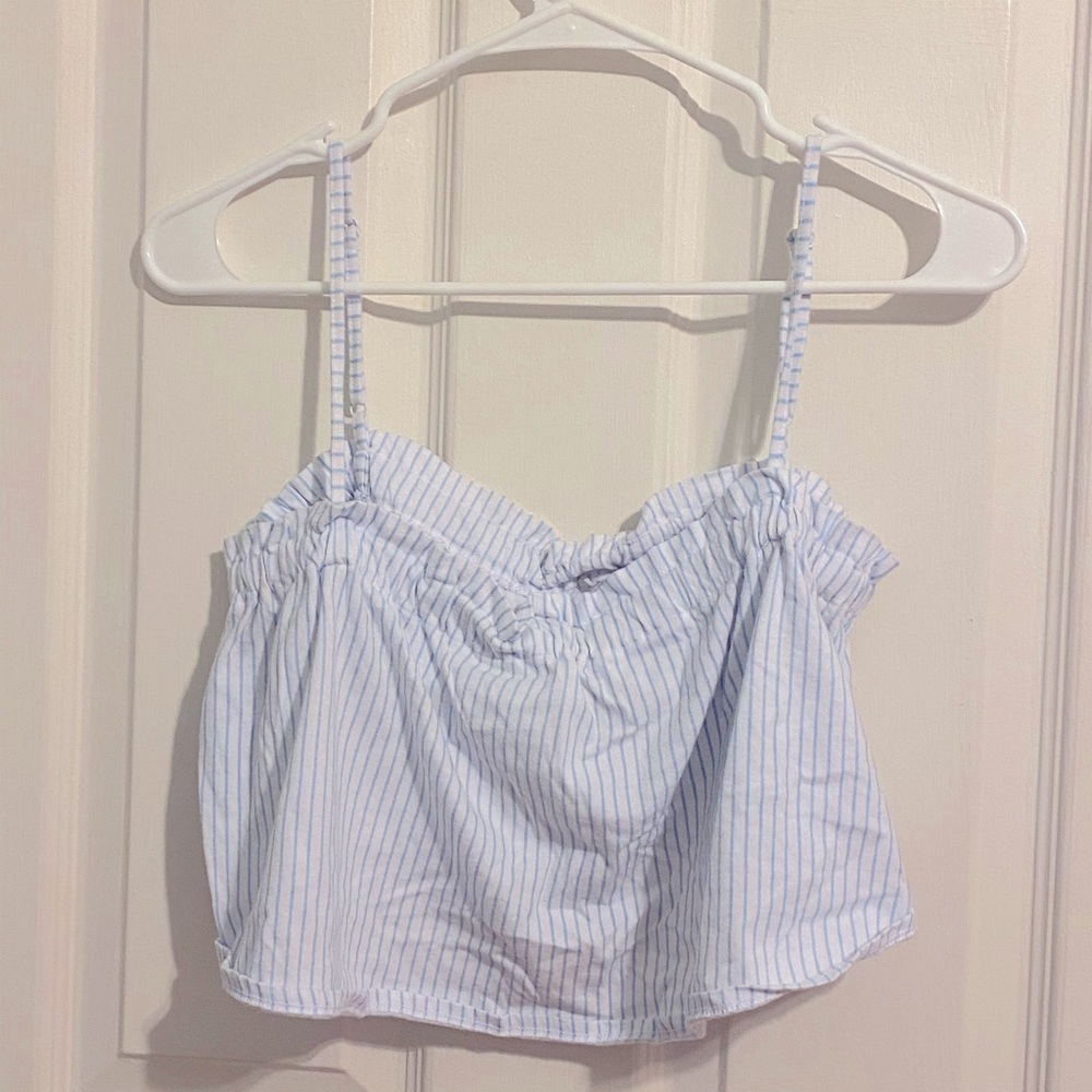 Blue and White horizontal stripped ruffled croptop